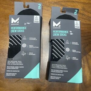 2 Mission Performance Crew Socks (2) Pairs - Large Men's (8-12)  Women's (10-13)